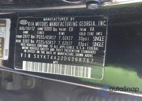 2013 Kia Sorento Lx V6 из США, поврежденный, VIN 5XYKT4A22DG368767